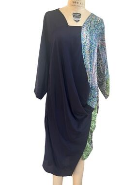 Anntian Silk Drape Midi Dress Floral Print/Dark Blue One Size